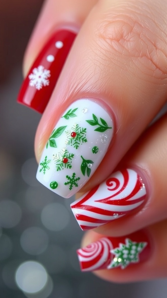 Short Christmas nail art designs featuring red and green colors, snowflakes, and candy cane stripes.